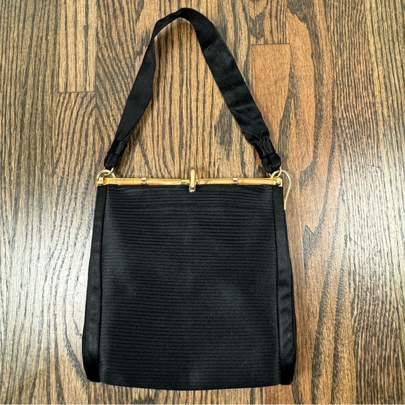 Vintage black and gold satin evening handbag - Picture 1 of 9